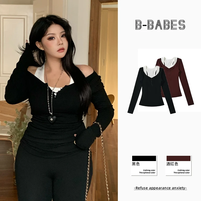 B-babes【糖心樱桃】秋冬假两件拼接T恤女时尚显瘦设计感上衣