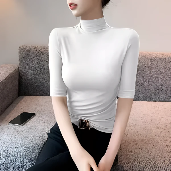 新款中袖t恤女2024莫代尔半高领打底衫内搭薄款五分袖上衣夏时尚