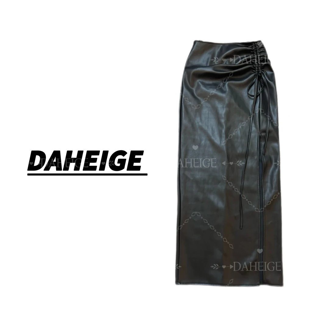 【D.hge】731#秋冬季新款PU抽绳褶皱收腰下摆开叉显瘦高腰半身裙