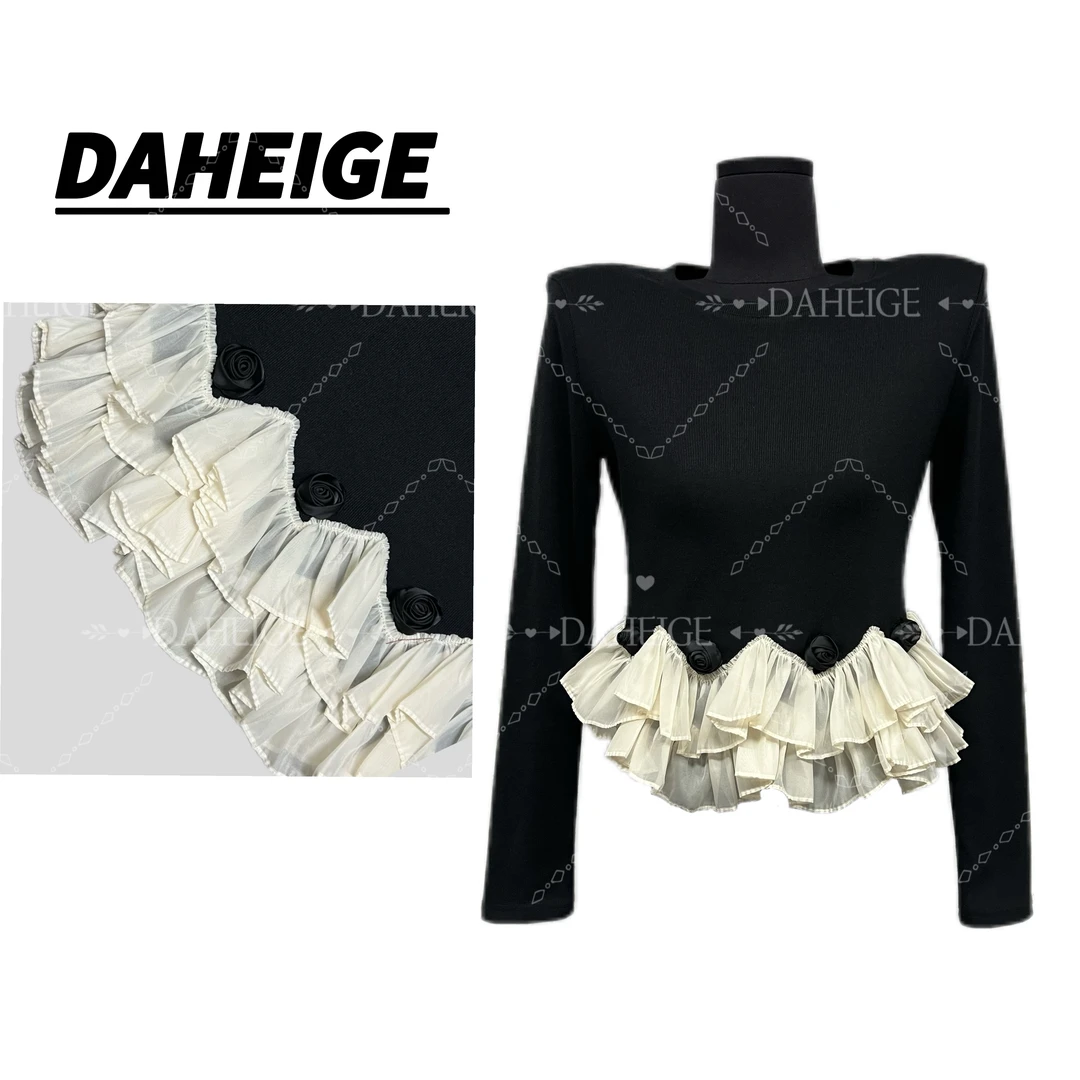 【D.hge】757#秋冬季新款法式小香风荷叶边拼接修身百搭显瘦上衣女