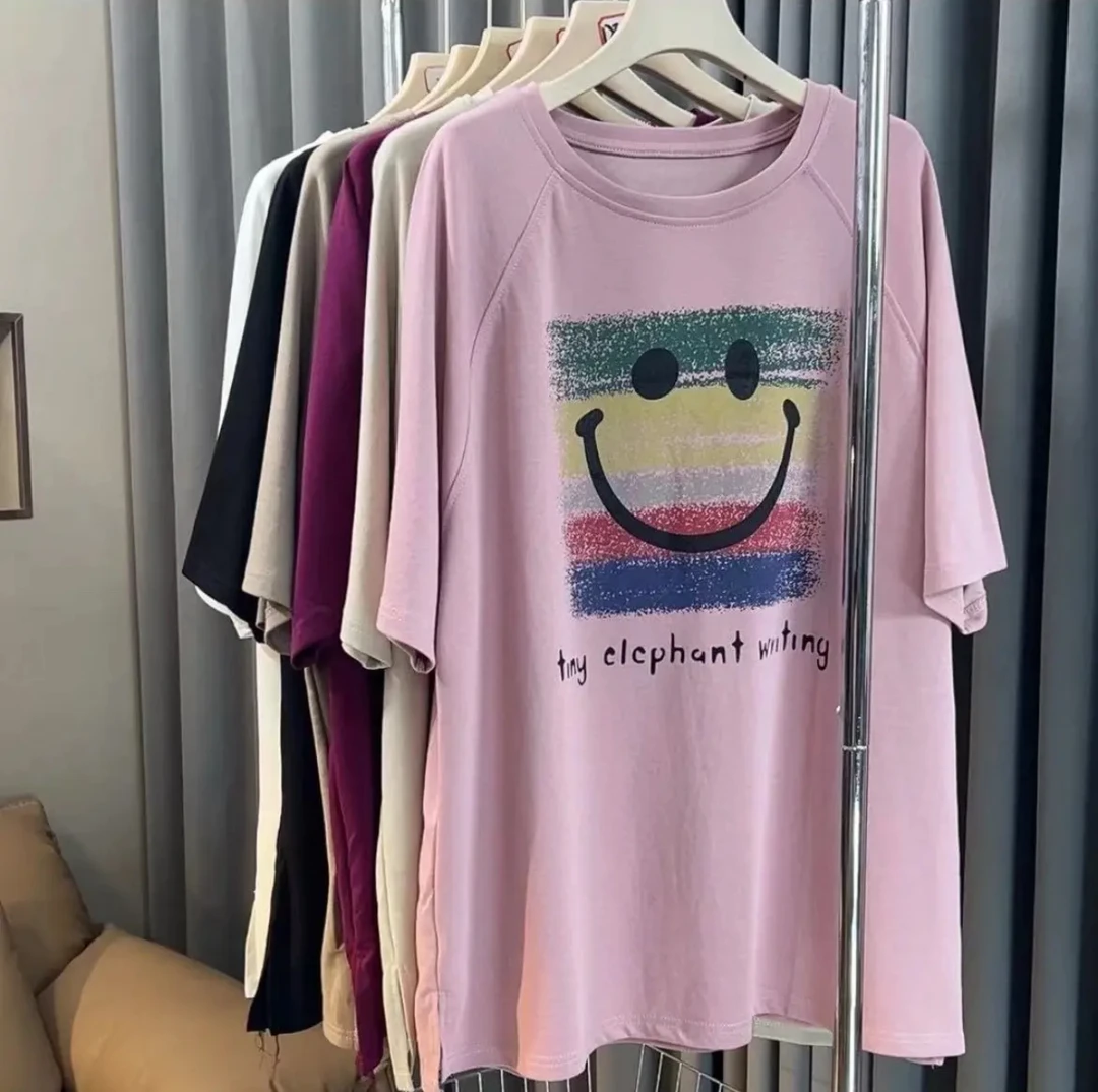 夏季新款短袖时尚笑脸印花简约大码休闲圆领潮宽松显瘦T恤697款