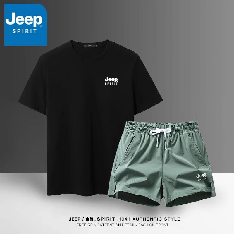 JEEP吉普运动两件套装男跑步短袖T恤夏季运动服健身衣服休闲短裤