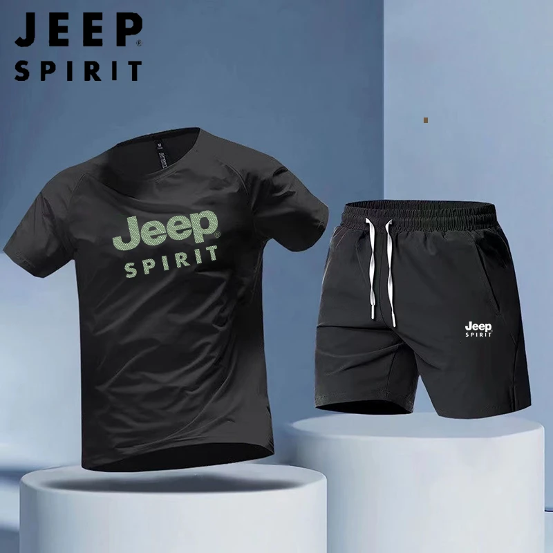 JEEP吉普男装2025夏季薄款短袖运动套装男速干透气短裤跑步两件套