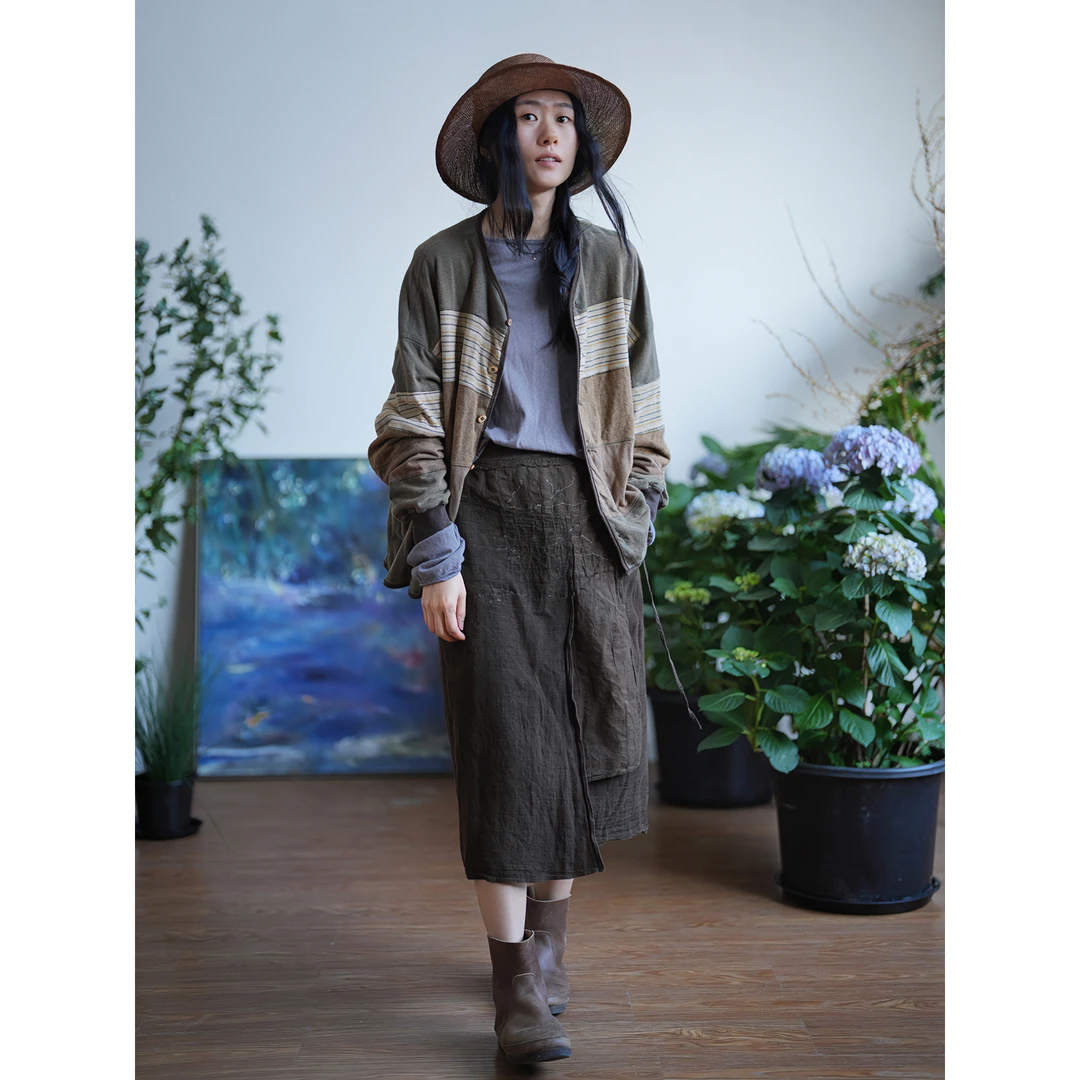 几见 原创春秋款汉麻棉拼接撞色复古开衫外套女慵懒流浪风WT1702
