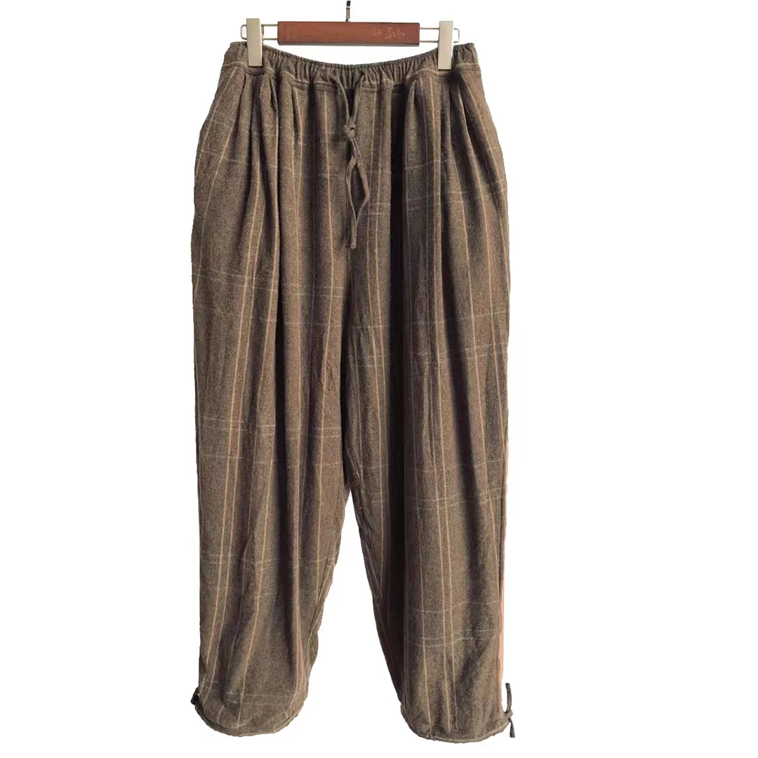 几见 原创设计松紧腰做旧拼接休闲羊毛混纺双层长裤复古风K14312