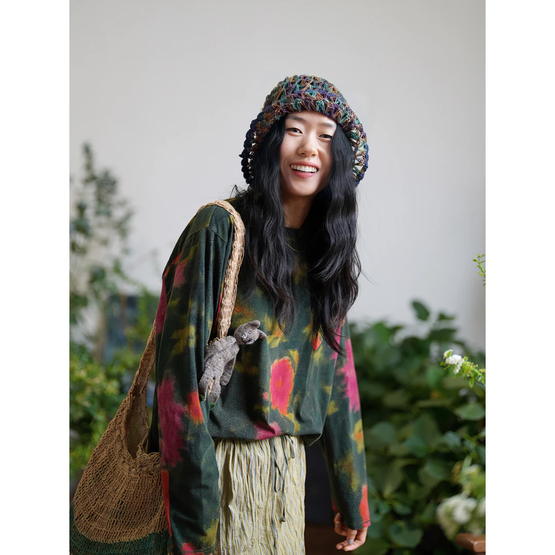 几见 原创设计春秋款圆领印花禅意风衬衫女套头衫轻薄卫衣WT1311