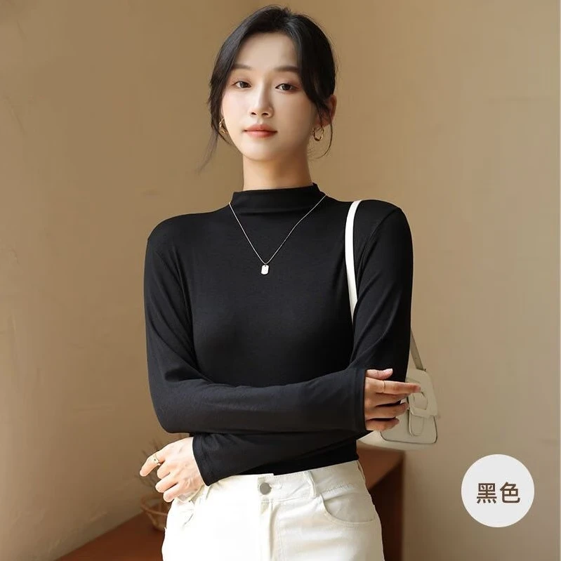 莫代尔半高领长袖打底衫t恤显瘦气质爆款修身法式轻奢（M5款）