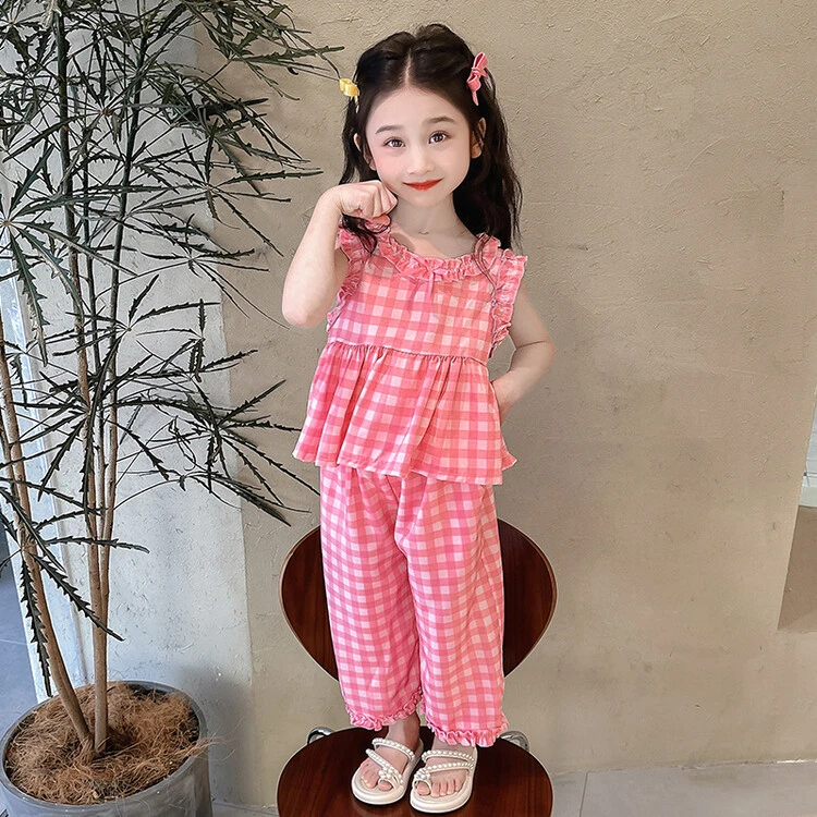 夏季女童薄款洋气可爱花边格子套装2024韩版女宝宝休闲无袖两件套