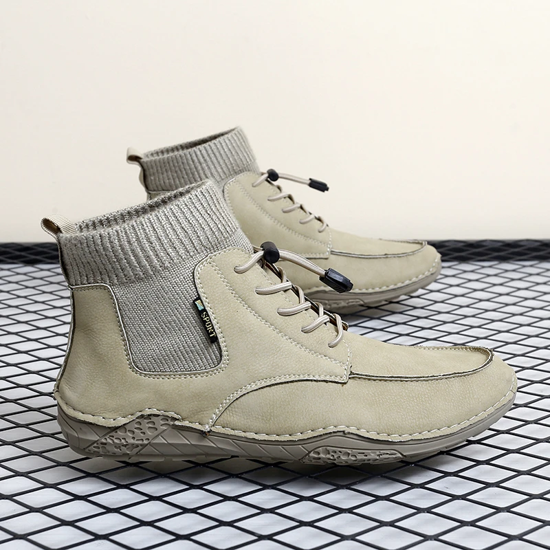 真皮中帮男鞋2023秋季保暖高帮户外休闲鞋一脚蹬男士软底百搭轻便