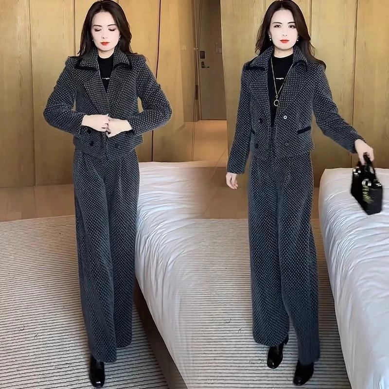 夹棉加厚时尚套装女2025冬季新款洋气显瘦短款外套阔腿裤两件套潮