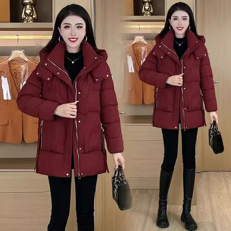 时尚羽绒棉服女中长款冬季洋气宽松显瘦百搭加厚保暖连帽棉衣外套