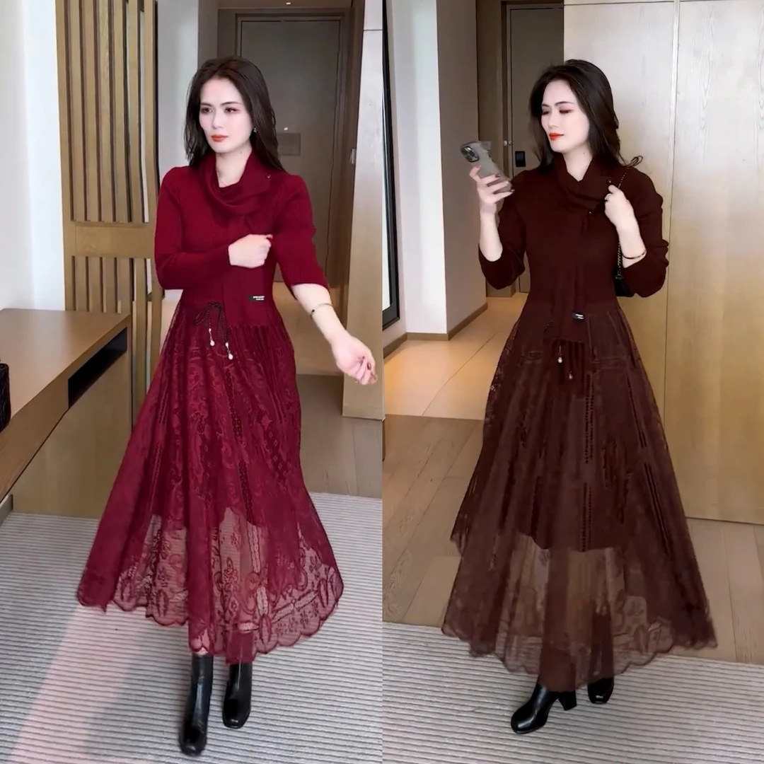 收腰气质蕾丝女装连衣裙秋冬时尚显瘦长袖中长款打底针织裙子