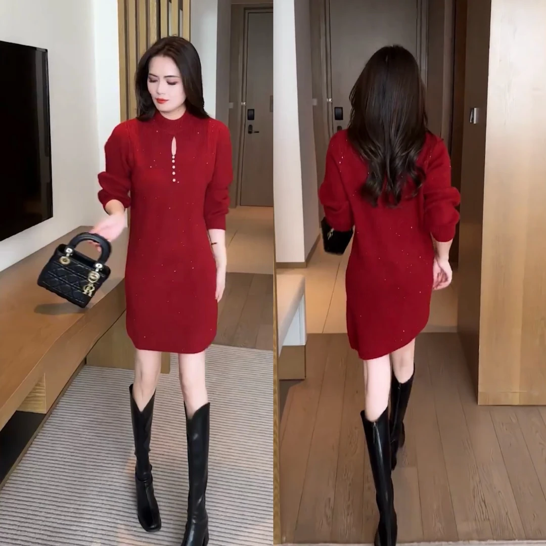 高端精致新中式女装立领小香风针织连衣裙亮丝小个子爆款毛衣裙女