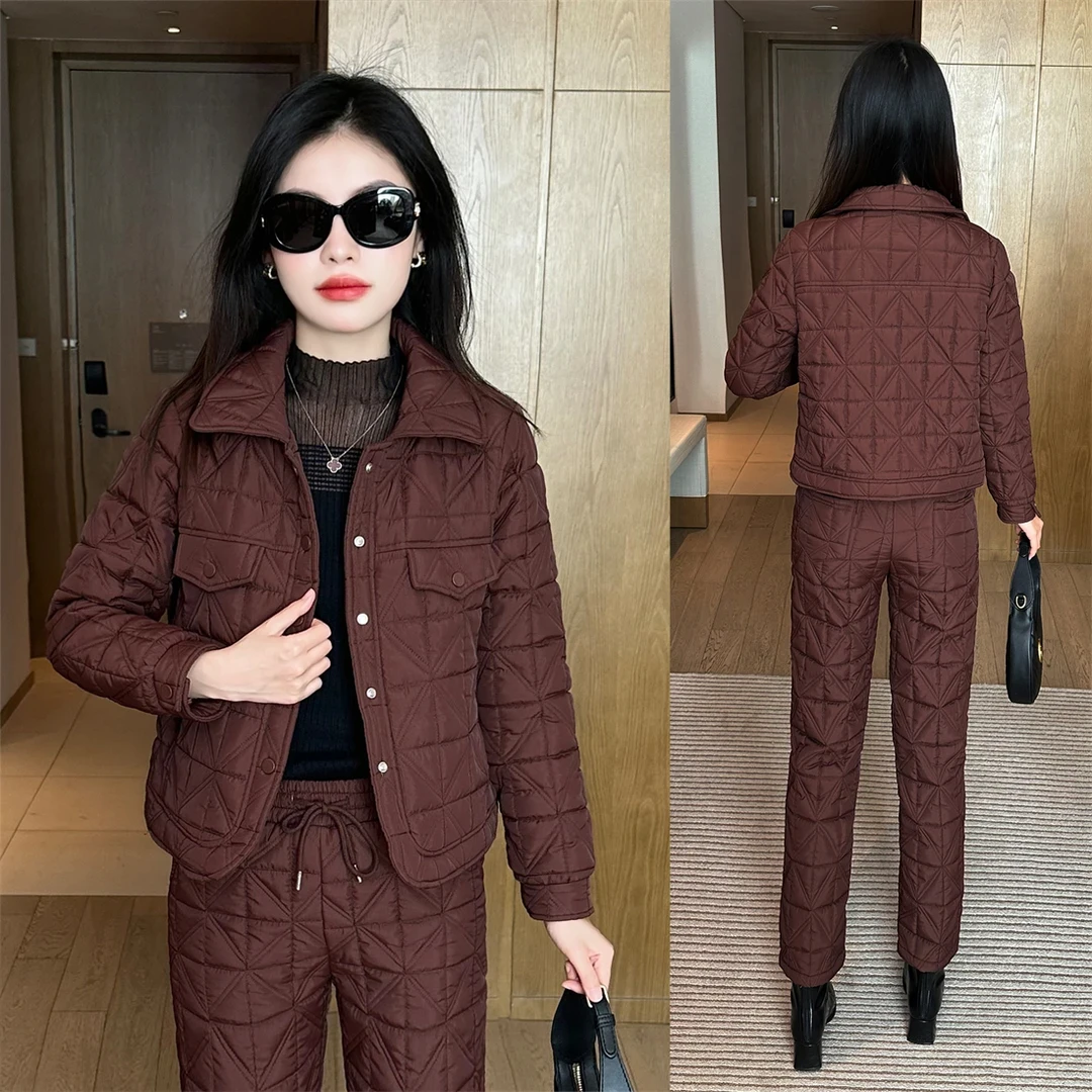 秋冬保暖套装显瘦气质洋气时尚休闲格子冬季韩版加绒加厚棉衣套装