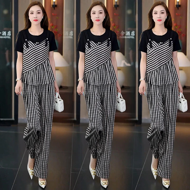 洋气时尚宽松套装两件上衣阔腿裤夏季新款拼接格纹显瘦两件套