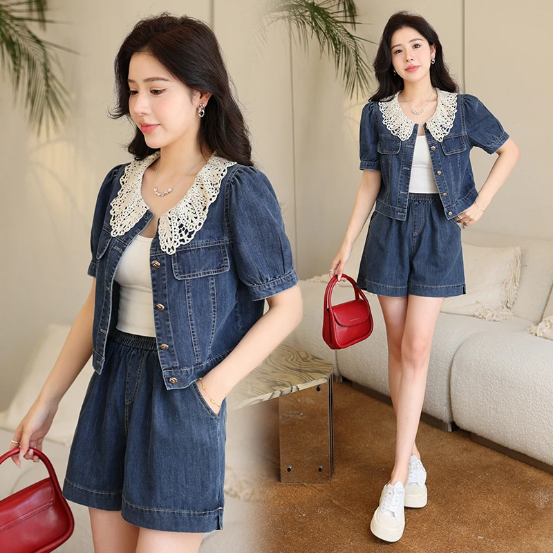 时尚牛仔薄款套装2024夏季新款洋气减龄娃娃短外套短裤两件套