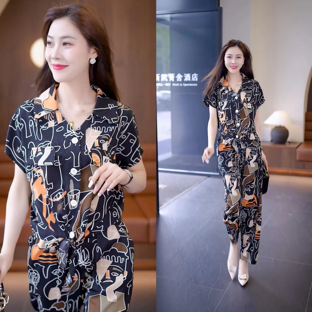 女神范套装女2025夏季新款洋气质活泼减龄阔腿裤时髦印花两件套潮