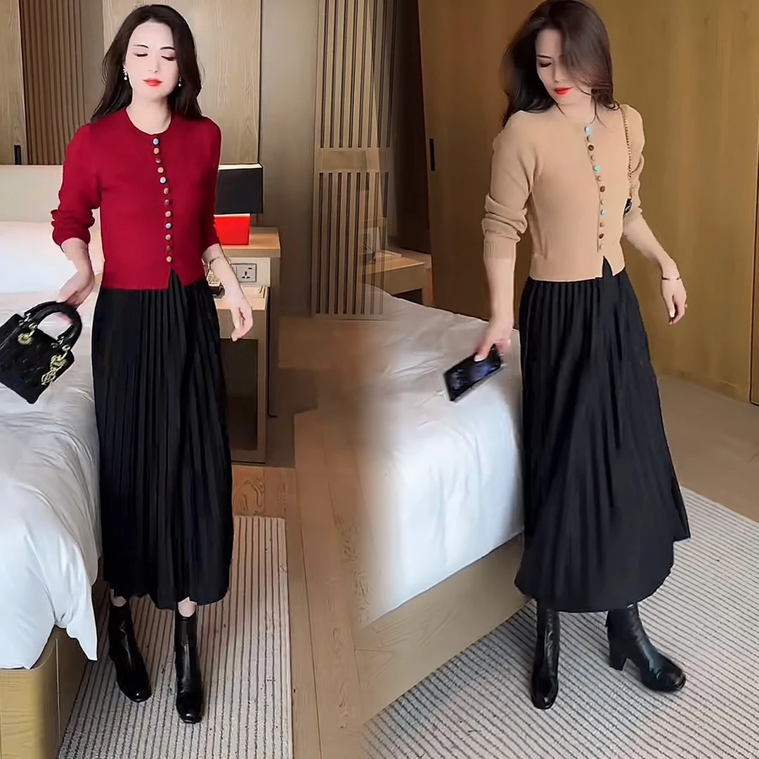 高腰女秋冬季假两件气质针织连衣裙时尚洋气显瘦中长款过膝裙