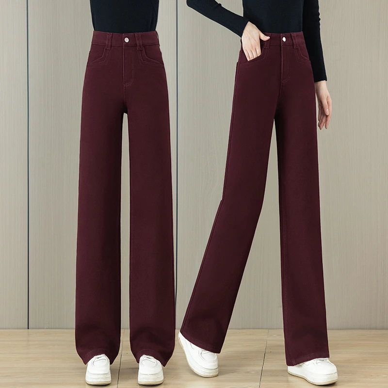 秋冬加厚高腰直筒裤女宽松显瘦休闲加绒安哥拉红直筒长裤