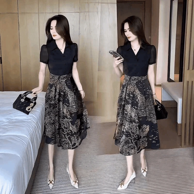 假两件连衣裙女2024夏季新款洋气质显瘦收腰中长遮肚雪纺a字裙子