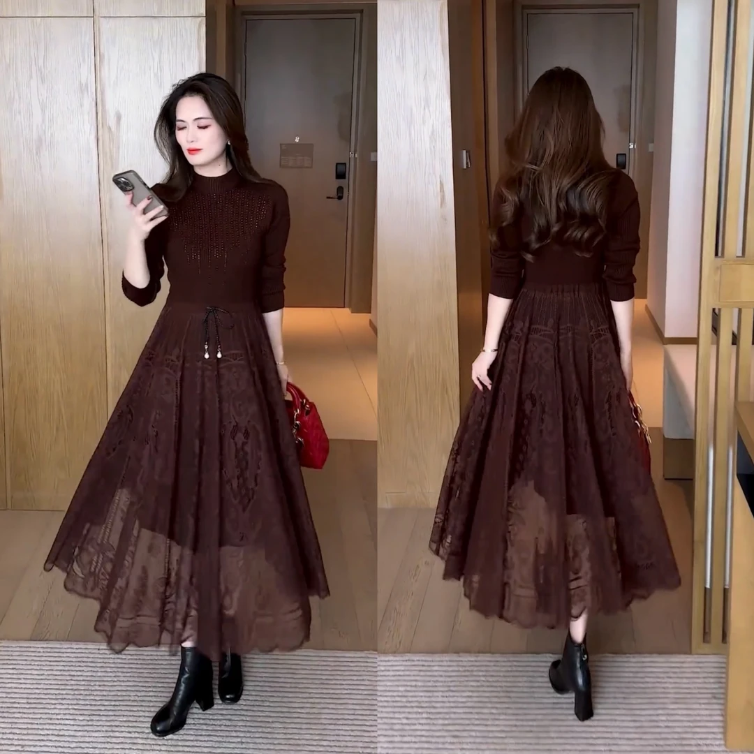 针织连衣裙秋装2025年新款时尚洋气显瘦春秋漂亮女装打底网纱裙子