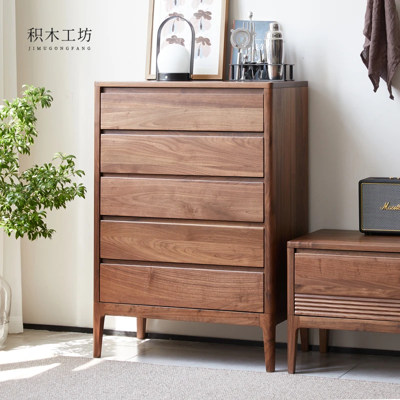 积木工坊实木五斗柜收纳卧室客厅现代简约黑胡桃木储物抽屉柜家具