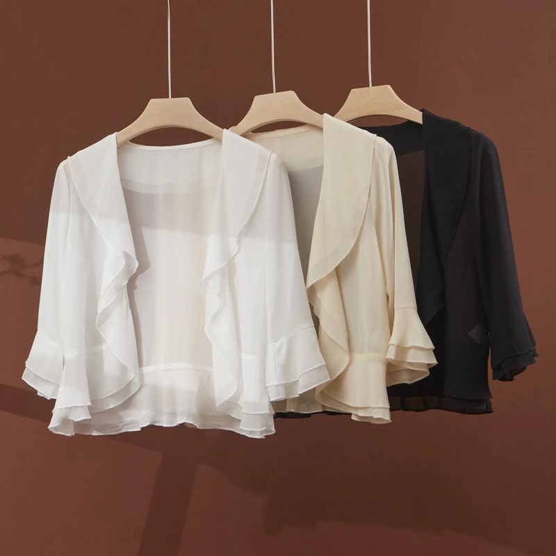 短外套小披肩夏装新款女士翻领纯色雪纺纯色薄款百搭开衫