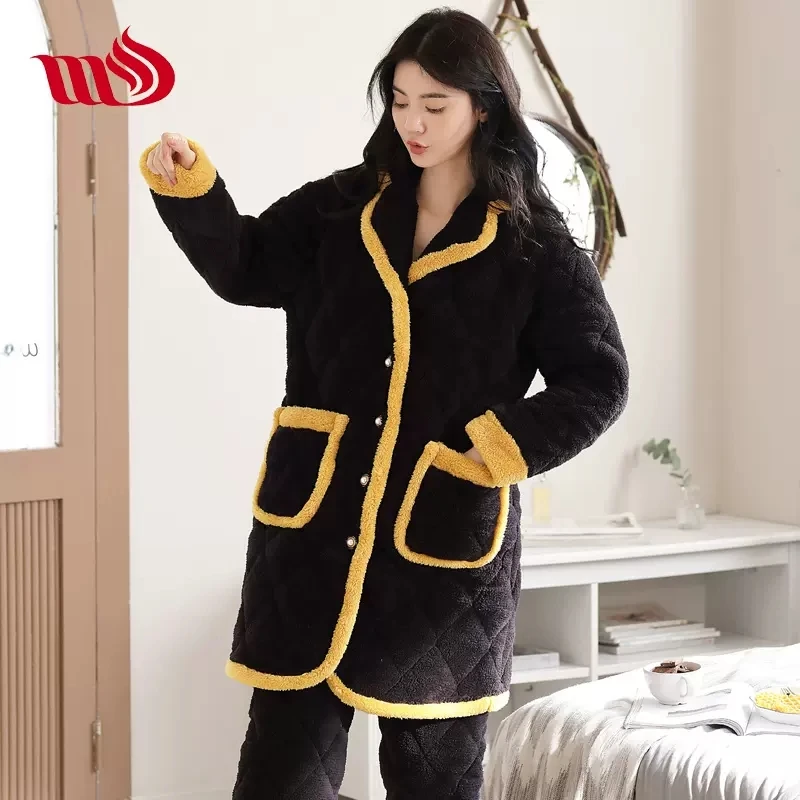 睦隆世家【零下5-15°C】睡衣女加长版三层夹棉加绒加厚家居服