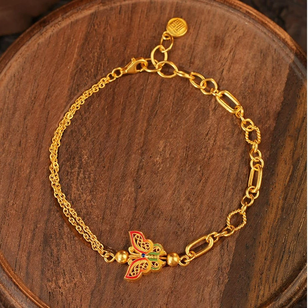 ZOCAI/佐卡伊【传世之美】古法黄金珐琅彩AB链款蝴蝶福气手链