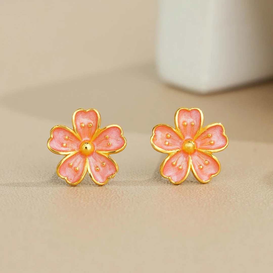 ZOCAI/佐卡伊【传世之美】品牌古法黄金耳饰珐琅彩浪漫樱花耳钉