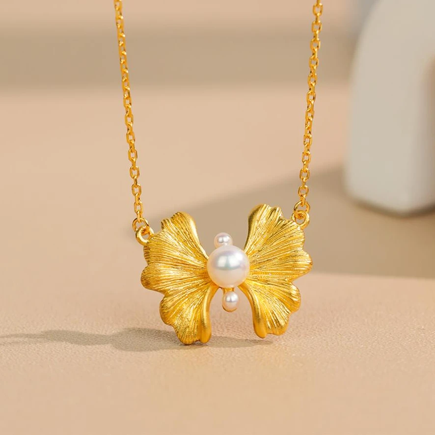 ZOCAI/佐卡伊【传世之美】古法黄金项链珍 珠银杏叶足金999套链