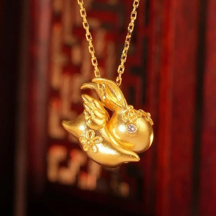 ZOCAI/佐卡伊【传世之美】古法黄金花丝玉兔足金项链