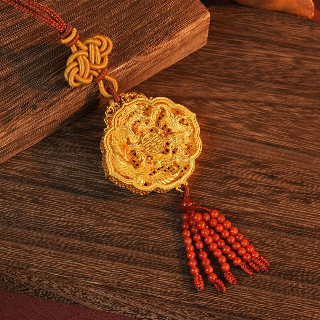 ZOCAI/佐卡伊【传世之美】古法黄金吊坠珐琅彩双喜龙凤佳缘吊坠计价