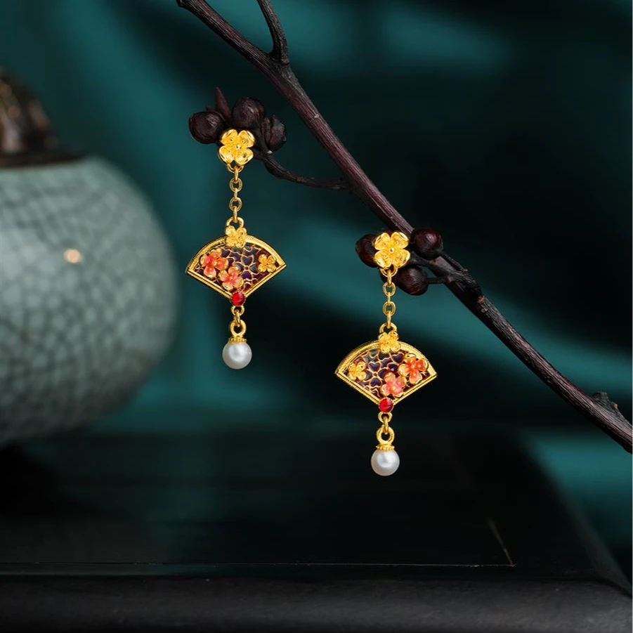 ZOCAI/佐卡伊【传世之美】古法黄金足金耳饰国风珐琅彩团扇耳饰