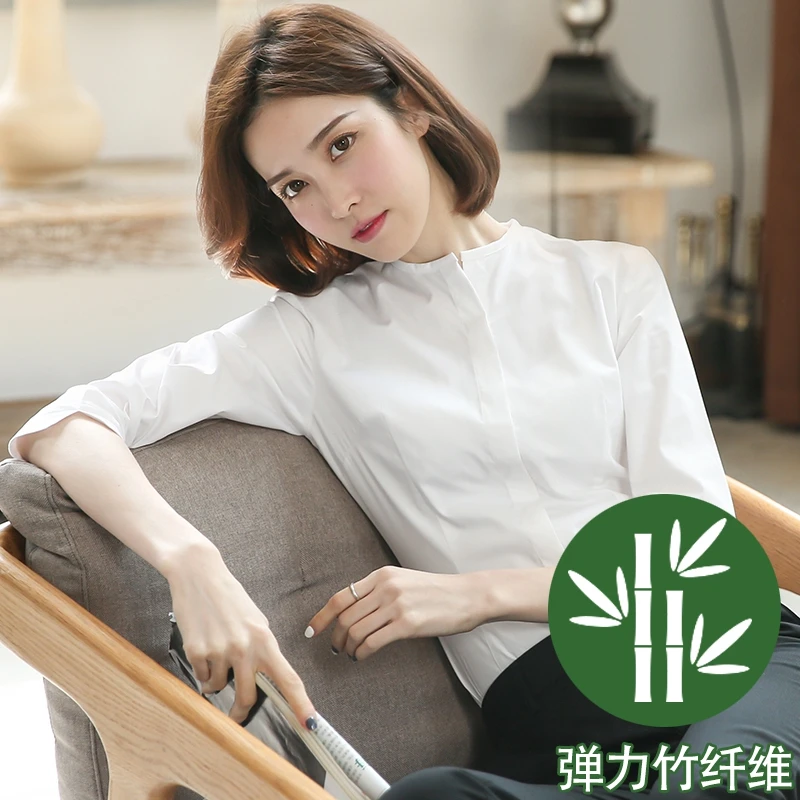 （无领七分袖-竹纤维）白色衬衫女长袖工装白衬衣正装工作服弹力