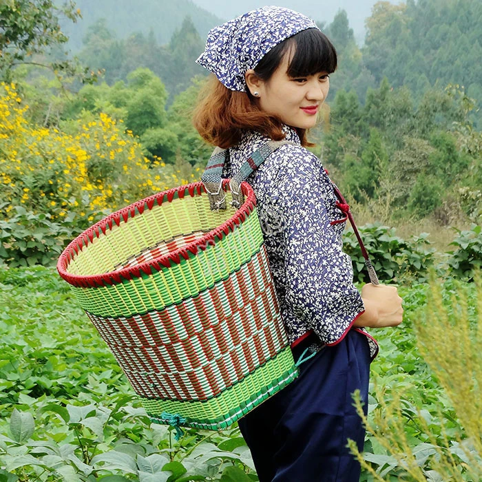 塑料背篓竹编家用道具胶背篼买菜编织藤篮子大小黄色背箩采茶竹篓