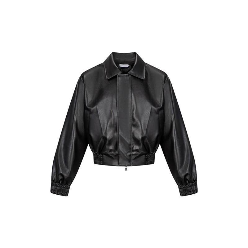 美式重磅cleanfit短款垫肩PU皮衣外套男女秋冬季宽松机车夹克上衣
