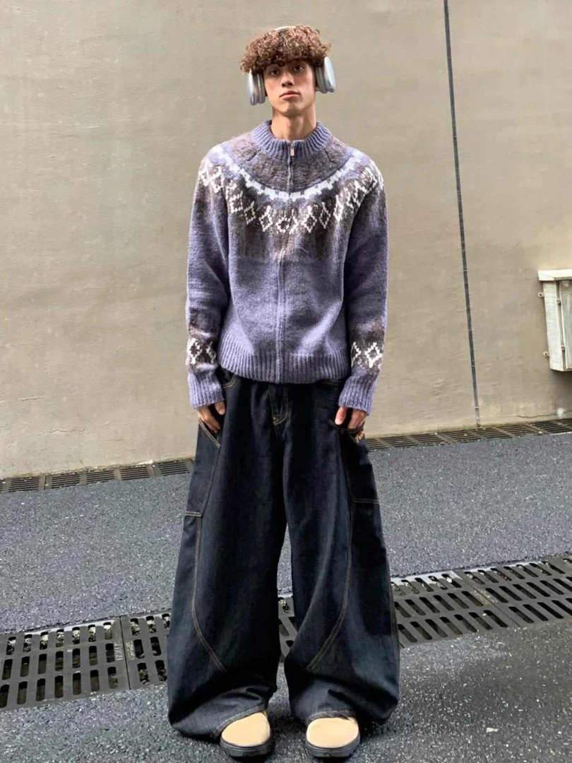 秋冬装高领开衫毛衣男女新款美式潮牌宽松情侣加厚短款针织衫外套