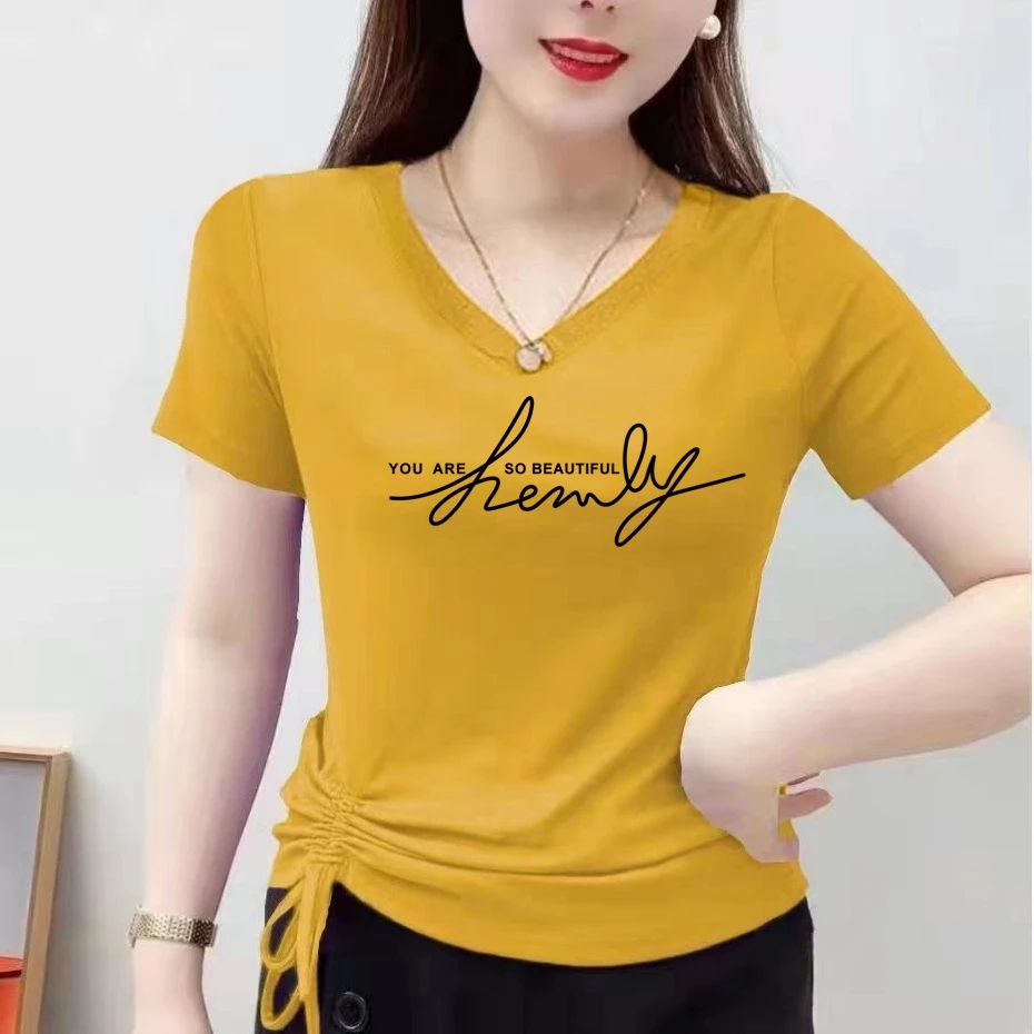 半袖短袖t恤女士v领2025夏季新款洋气显瘦百搭修身体恤鸡心领时尚