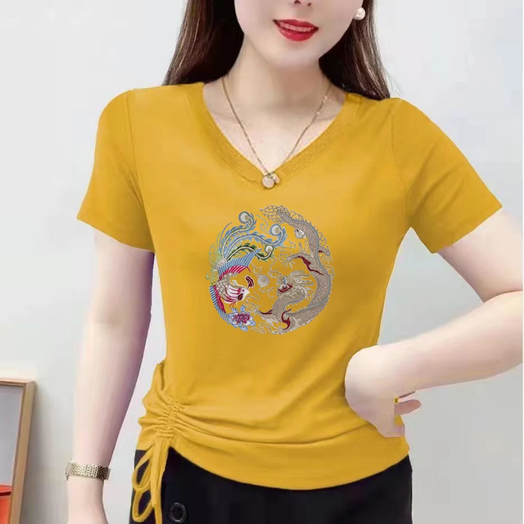新中式国风2025夏装短袖t恤女士v领百搭修身显瘦体恤衫上衣服潮