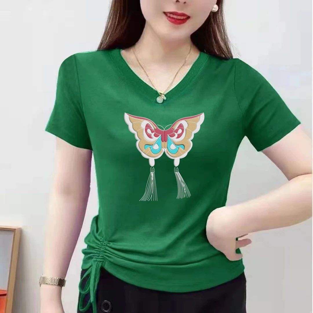 2025夏季新款短袖t恤女士v领洋气显瘦百搭修身鸡心领时尚体恤上衣