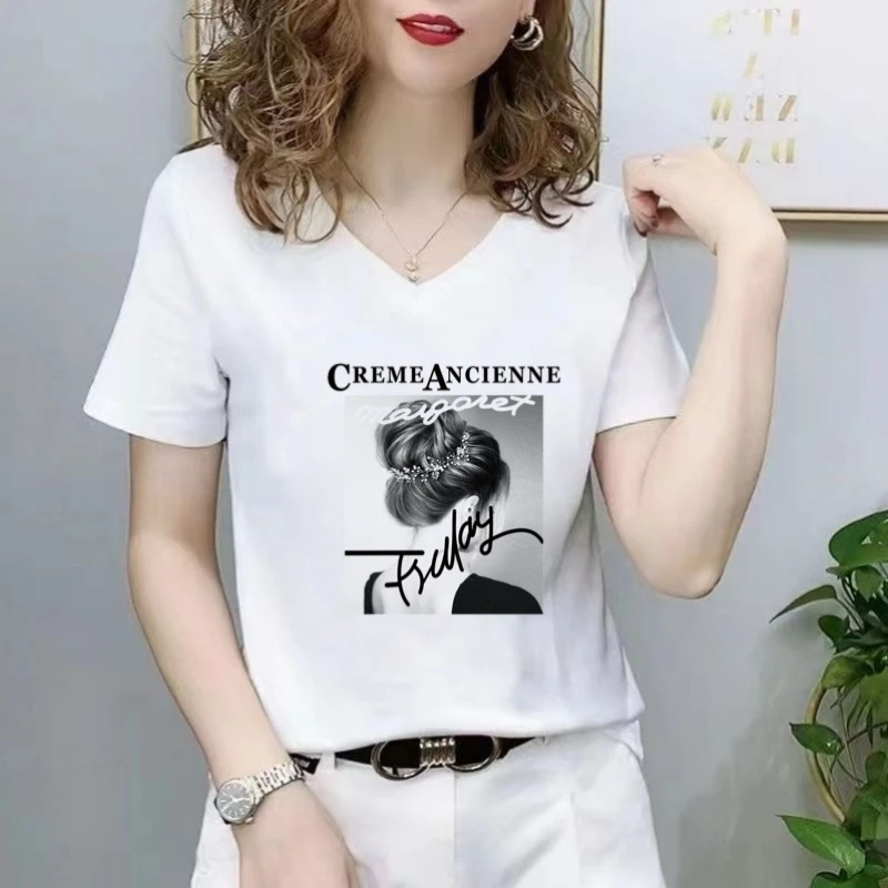 夏季气质女装上衣新款短袖t恤女大码V领短款洋气百搭鸡心领体恤衫