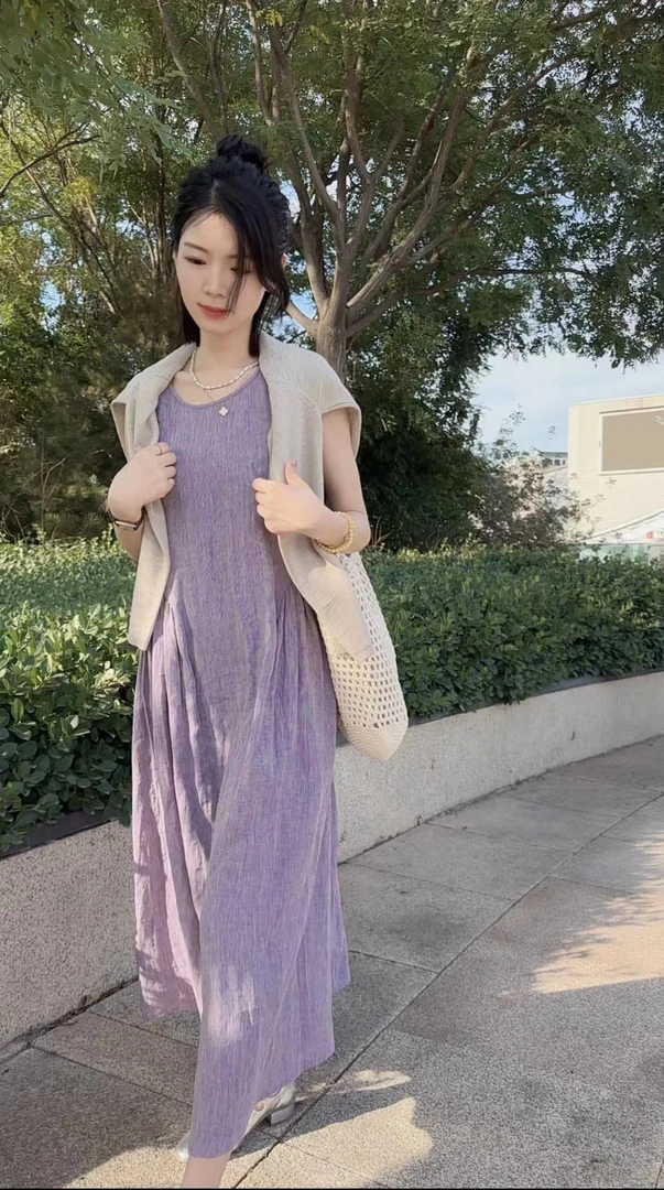 【绝绝紫无袖款】夏季色织汉麻连衣裙2024新款文艺百搭长裙显白2398