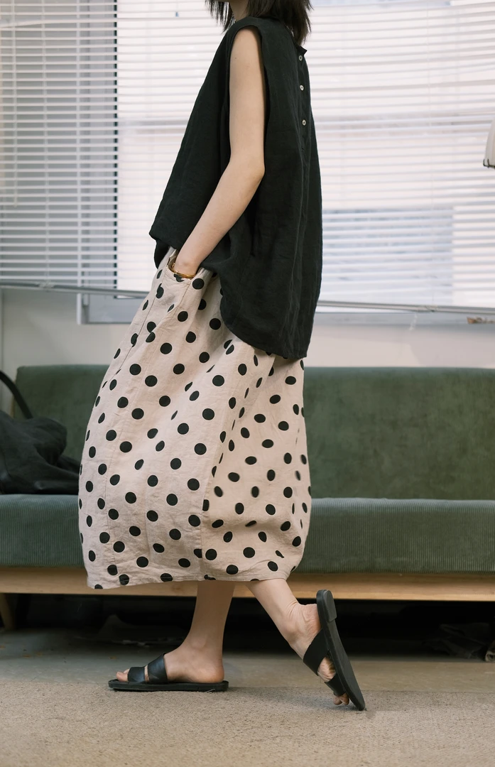 女士雨露汉麻波点半身裙休闲气质百搭夏季花苞裙显瘦半身裙24021