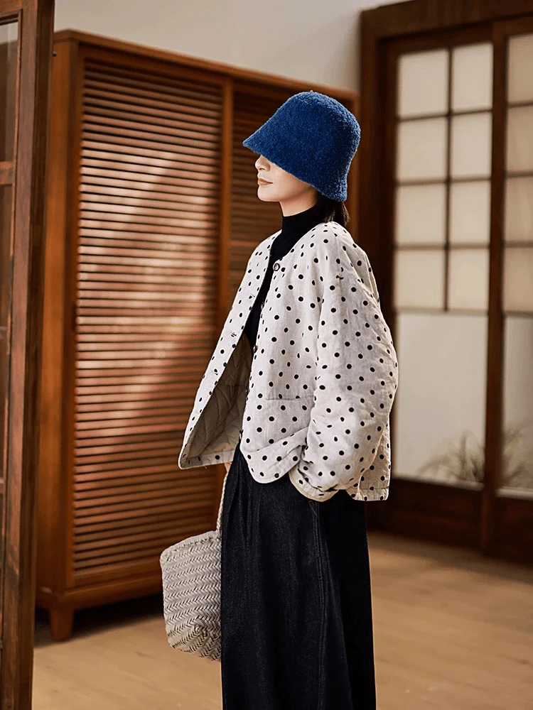 雨露汉麻波点印花圆领复古文艺薄棉衣外套23379