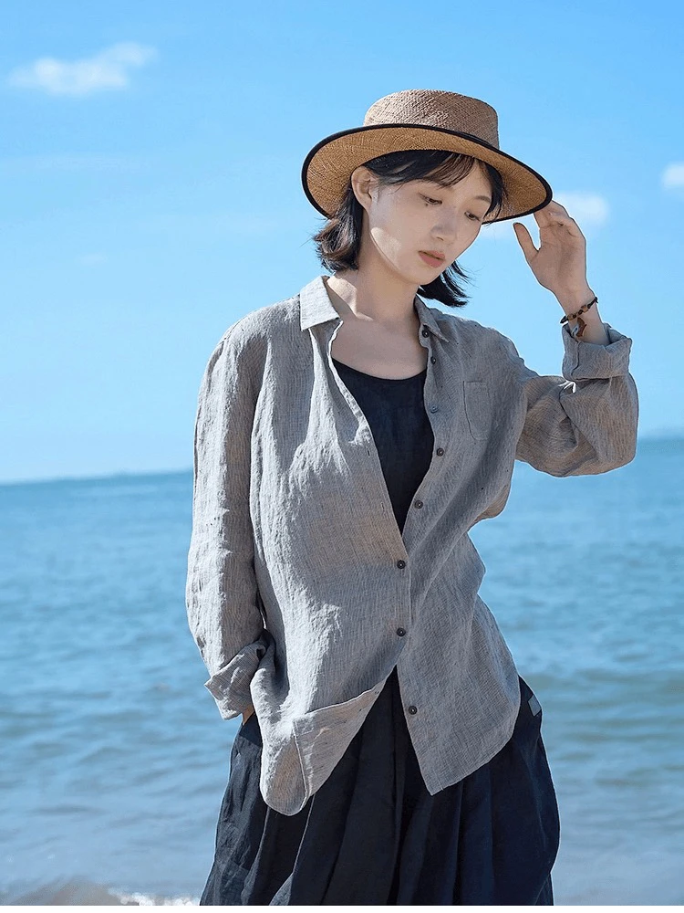 黑麻灰色织雨露汉麻翻领开襟轻薄透气衬衫24020