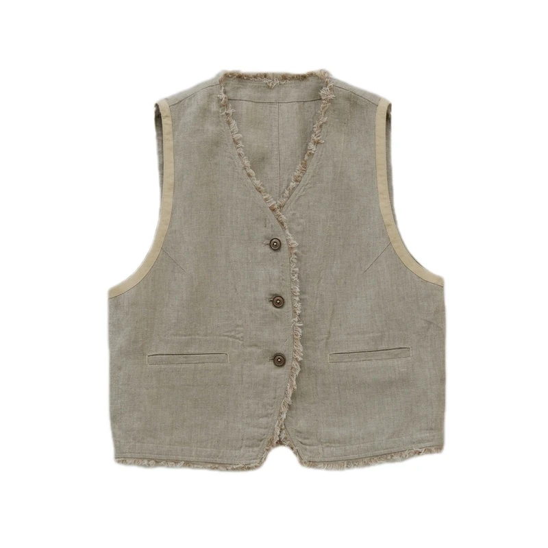 【板栗白茶】植物染色织汉麻马甲休闲文艺百搭毛边24年设计款24070