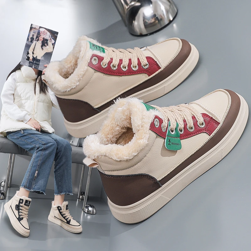 高帮加绒2025秋冬新款爆款网红百搭平底加厚保暖运动小白鞋雪地鞋