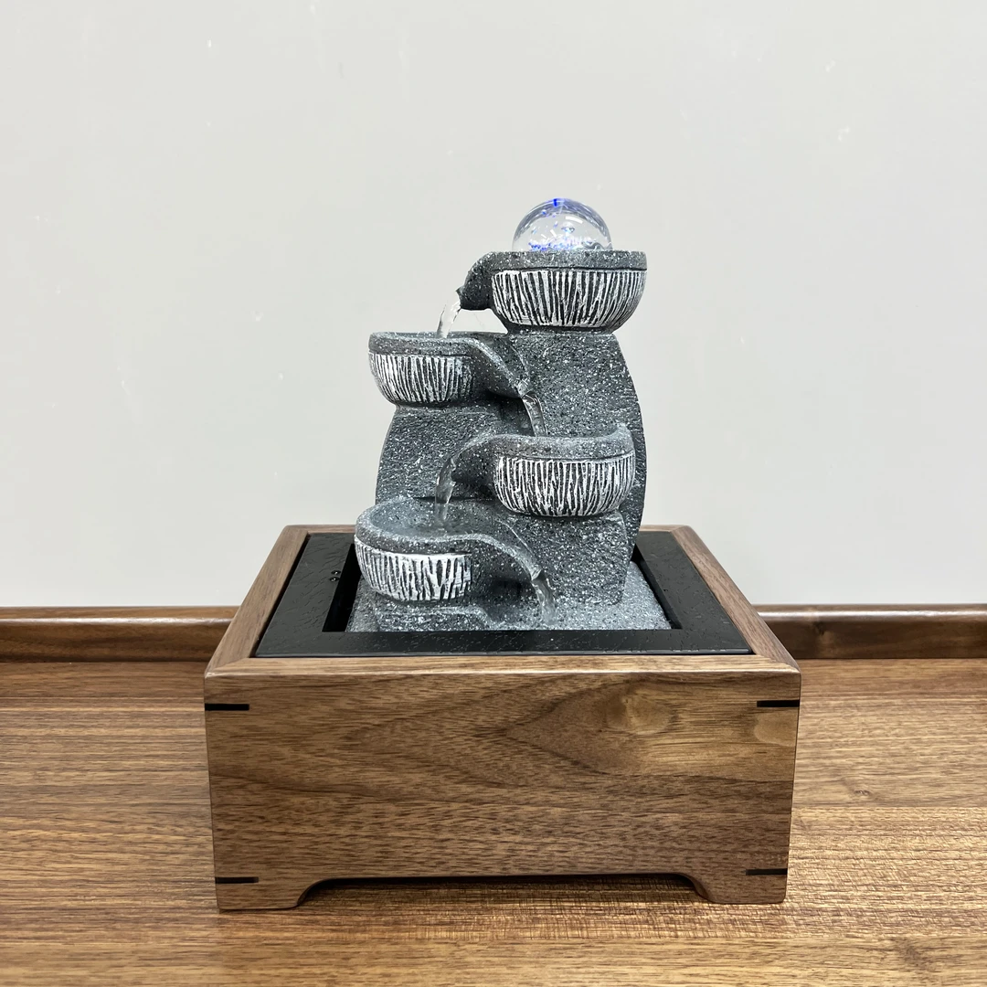 【工厂直销】黑胡桃实木底座新中式办公室桌面流水循环生财水车台