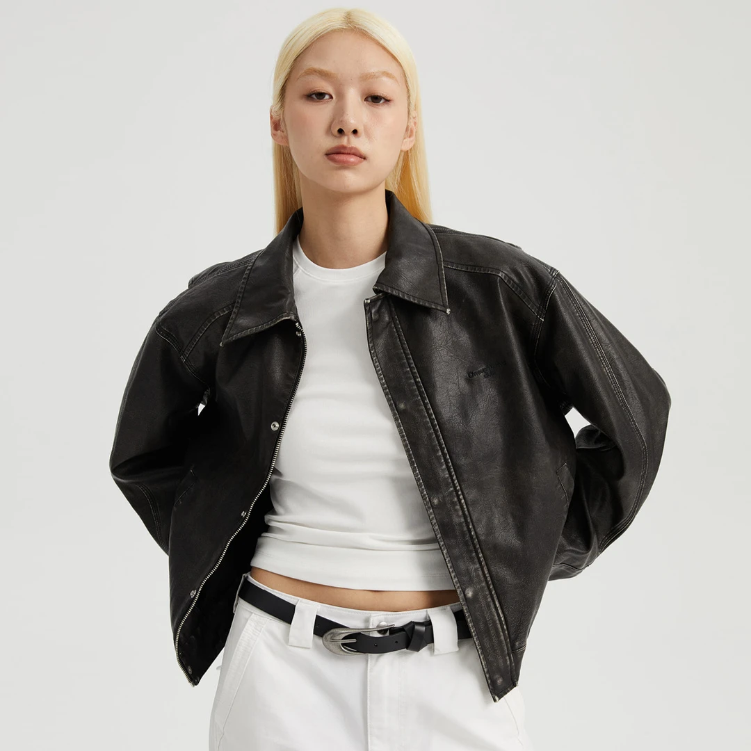 Oneup洗水擦色皮夹克外套皮衣女外套时尚休闲百搭时髦穿搭双十二